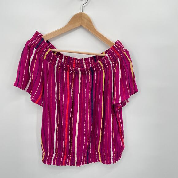 EVEREVE Allison Joy Magenta Striped Off the Shoulder Blouse // M - Picture 1 of 8